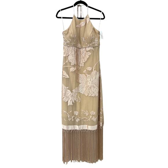 Sue Wong Nocturne Silk Beaded Halter Dress Gold Sz 8 Fringe Flapper Gatsby 30s - Picture 1 of 16